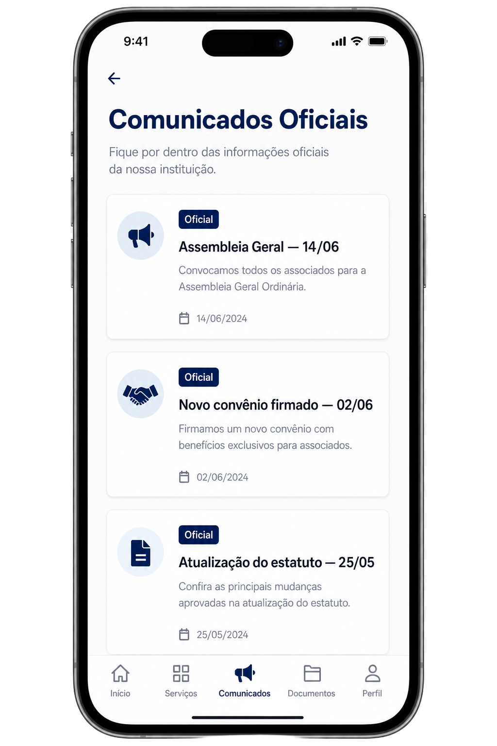 Tela do app: Comunicados oficiais