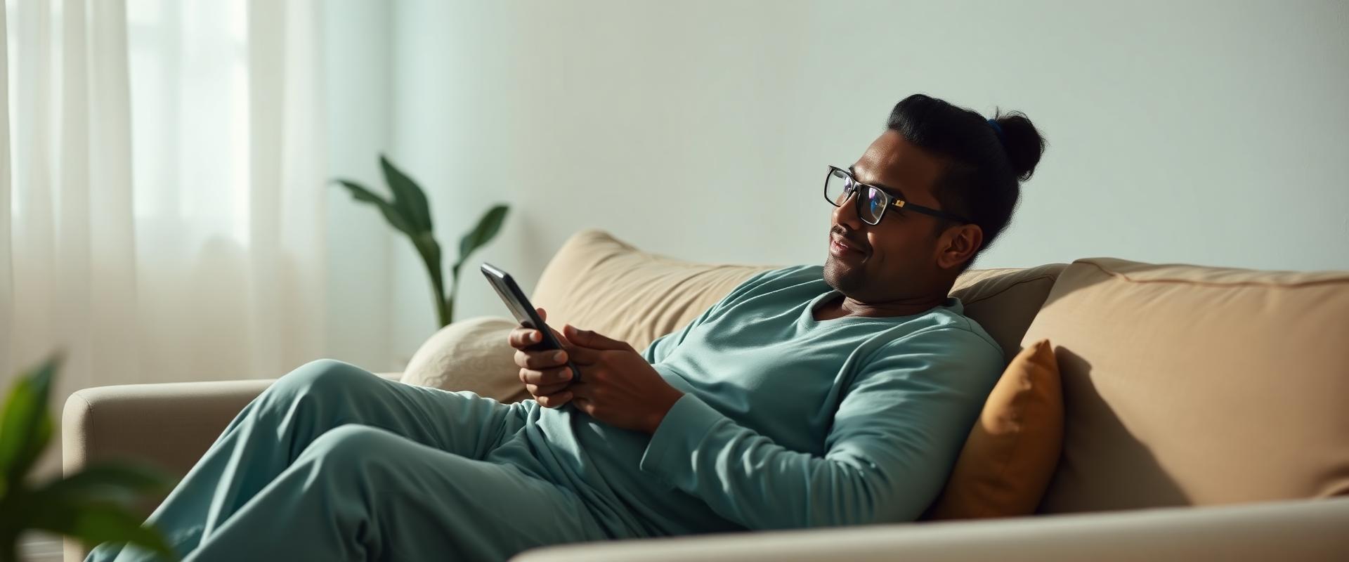 Paciente confortavelmente em casa utilizando o aplicativo da clínica no smartphone