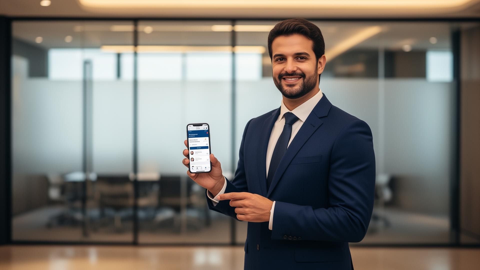Consultor brasileiro em traje executivo segurando um smartphone com o aplicativo de portal do cliente