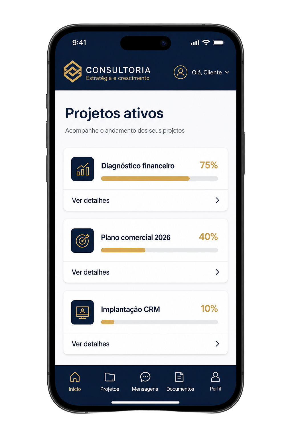 Tela do app: Projetos ativos