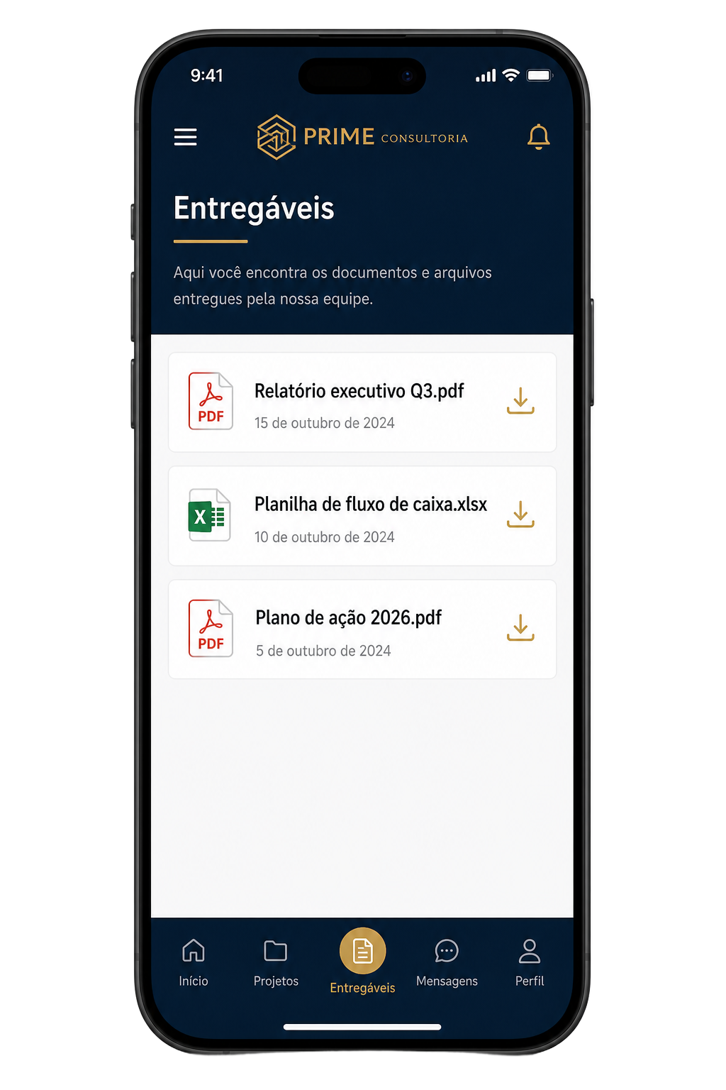 Tela do app: Entregáveis