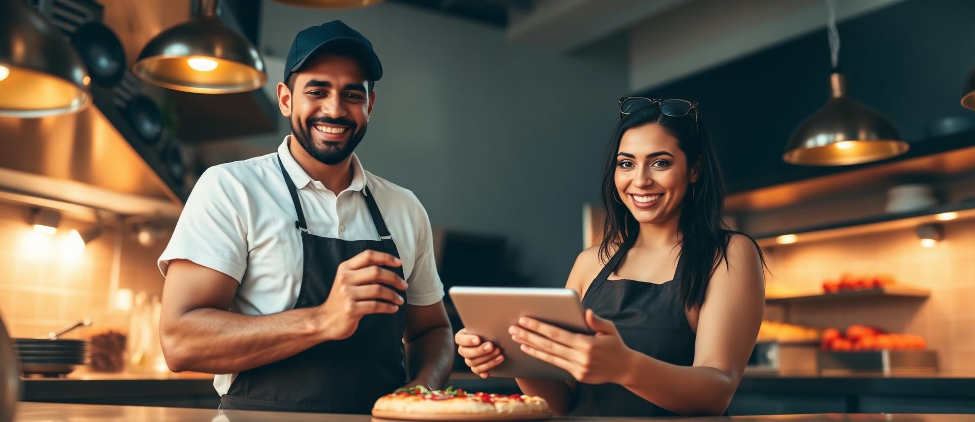 Casal proprietário de pizzaria brasileira sorrindo na cozinha com tablet mostrando dashboard de pedidos do delivery próprio