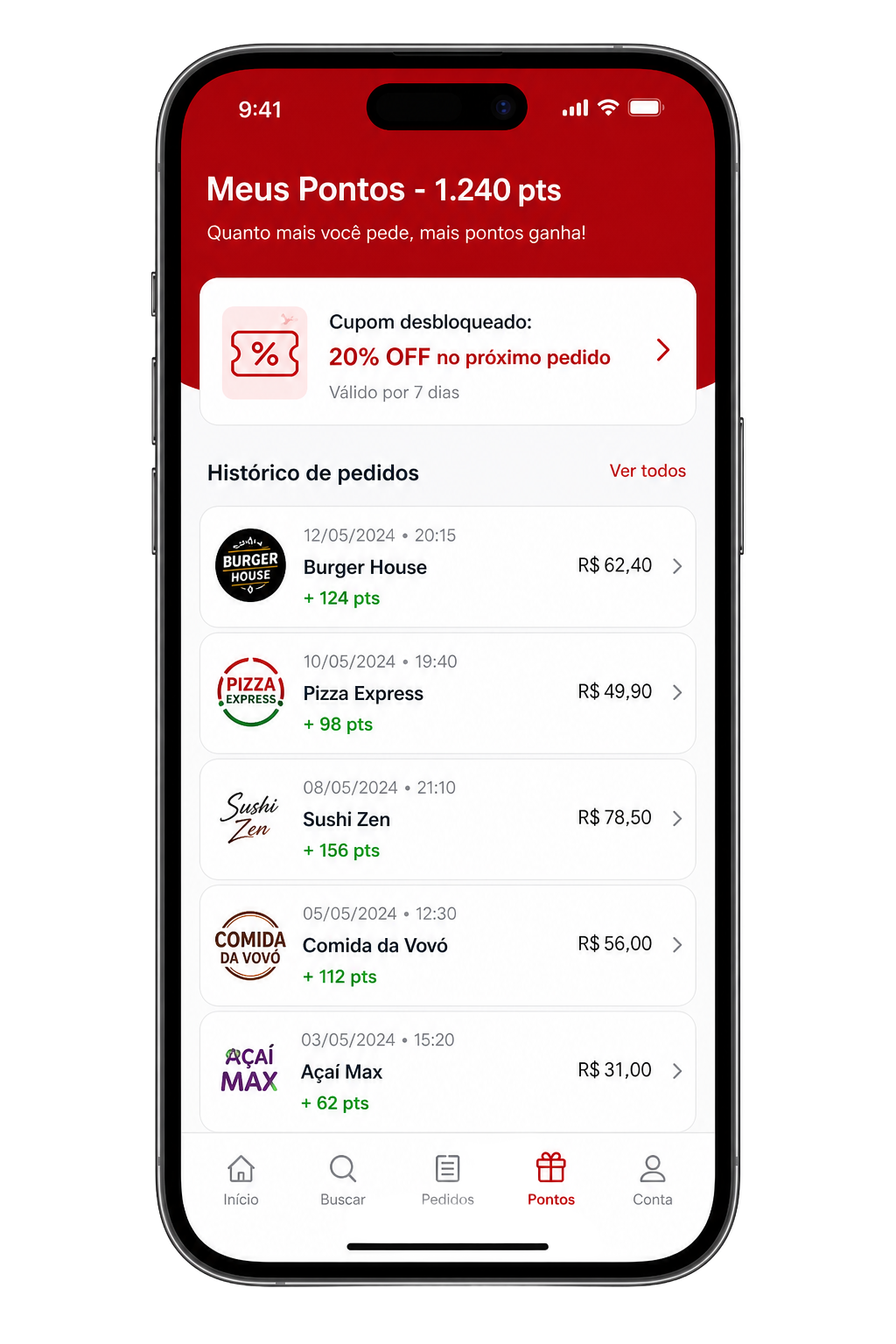 Tela do app: Pontos e cashback