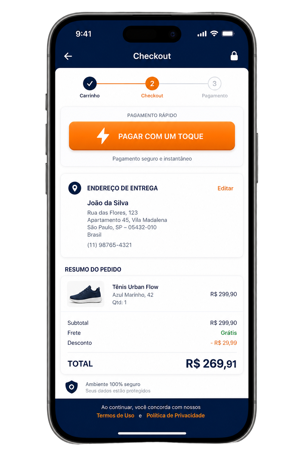 Tela do app: Checkout em um toque