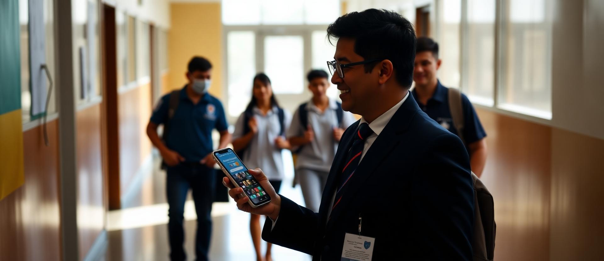 Diretor de escola brasileira sorrindo segurando smartphone com aplicativo da instituição, estudantes uniformizados ao fundo no corredor