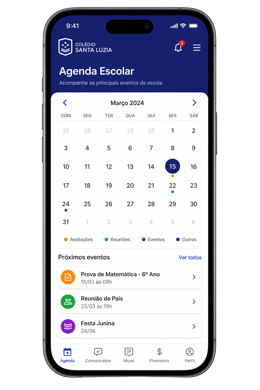 Tela do app: Agenda escolar