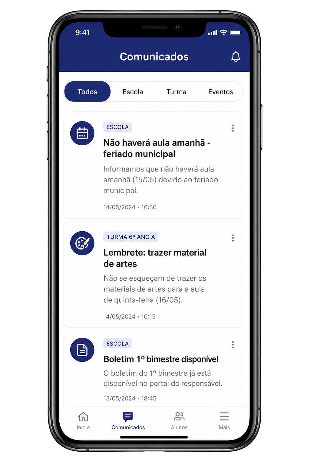 Tela do app: Comunicados oficiais