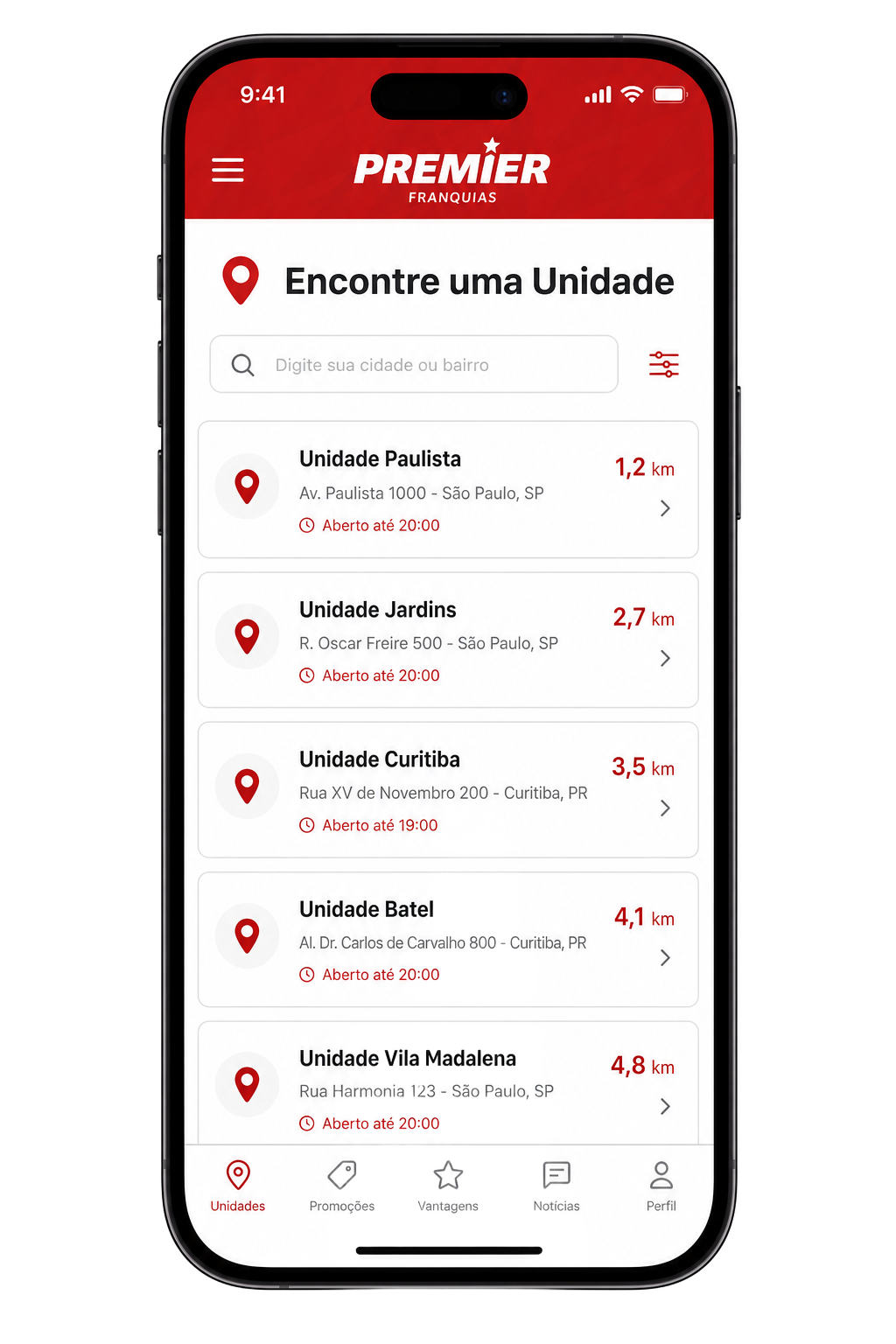 Tela do app: Localizador de unidades
