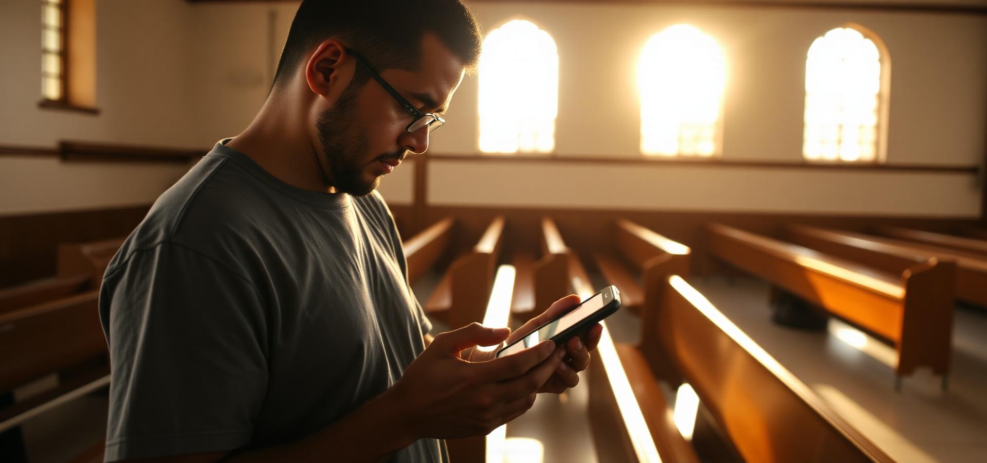 Pastor brasileiro de meia-idade verificando o aplicativo institucional da igreja em um escritório com livros e bíblia ao fundo