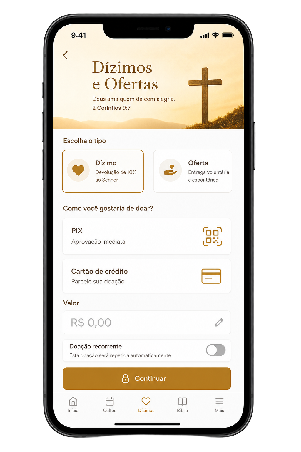 Tela do app: Dízimos e ofertas