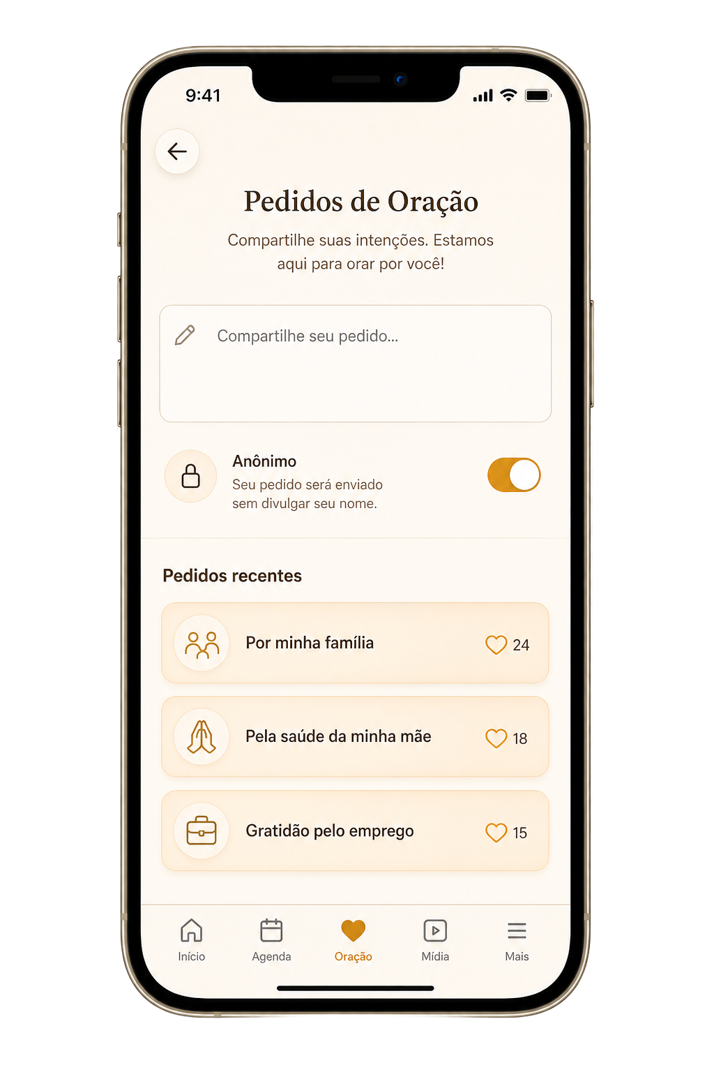 Tela do app: Pedidos de oração