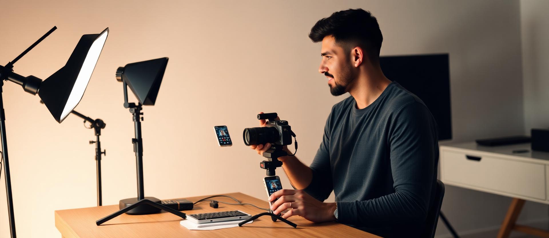 Criador brasileiro de conteúdo em estúdio caseiro com câmera e iluminação profissional, segurando smartphone com aplicativo próprio da marca