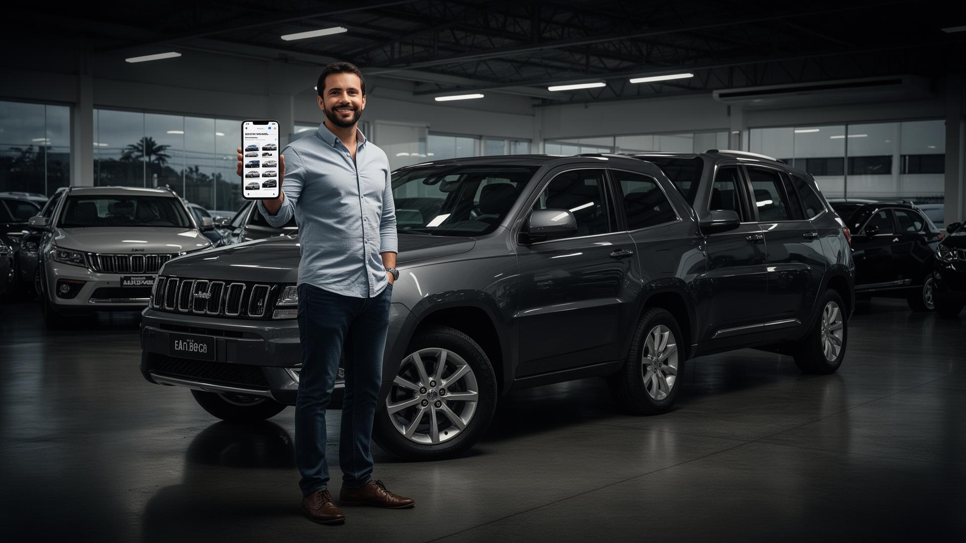 Proprietário de loja multimarca brasileira ao lado de um SUV usado segurando smartphone com o app de estoque