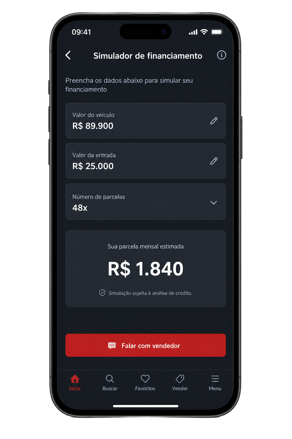 Tela do app: Simulador de financiamento