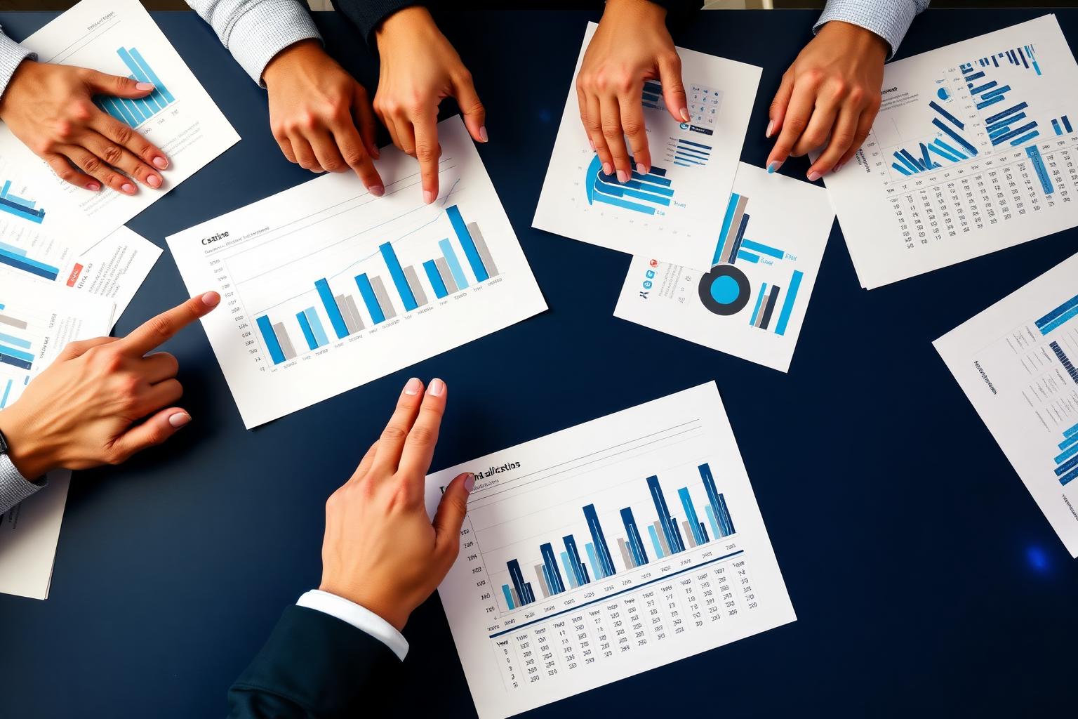 Equipe analisando gráficos físicos e validando indicadores institucionais