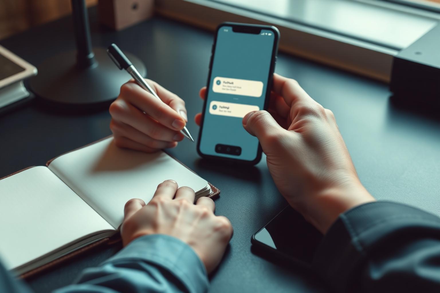 Mãos anotando uma sugestão em caderno ao lado de um smartphone com formulário aberto