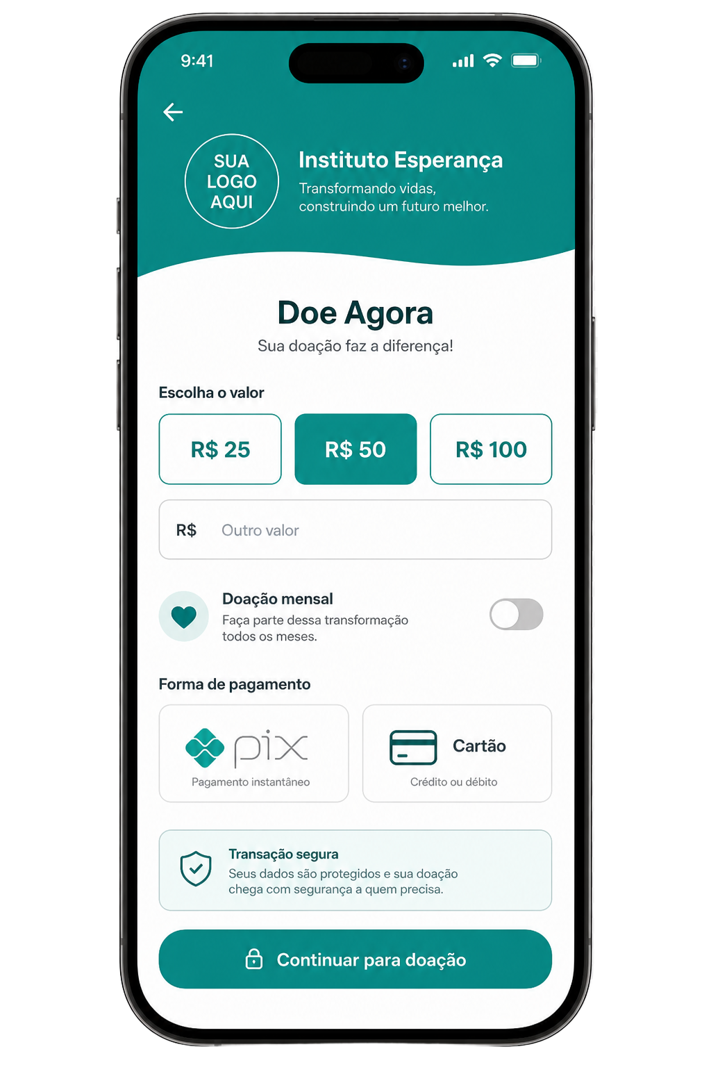 Tela do app: Doação rápida