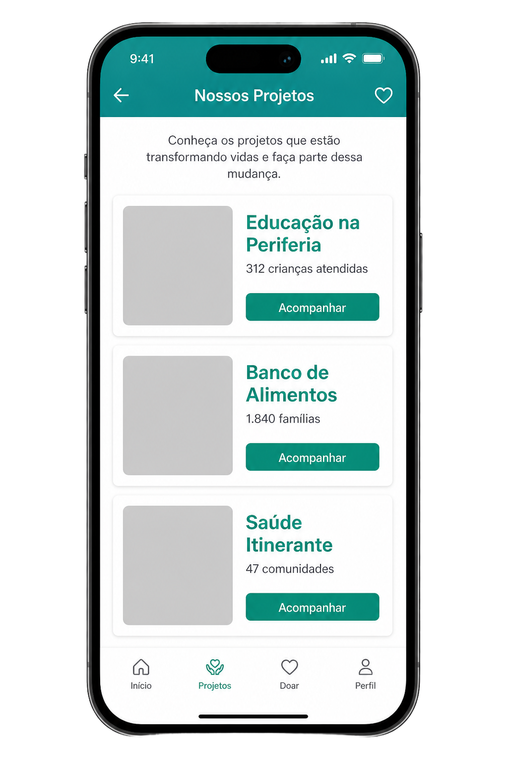 Tela do app: Projetos ativos