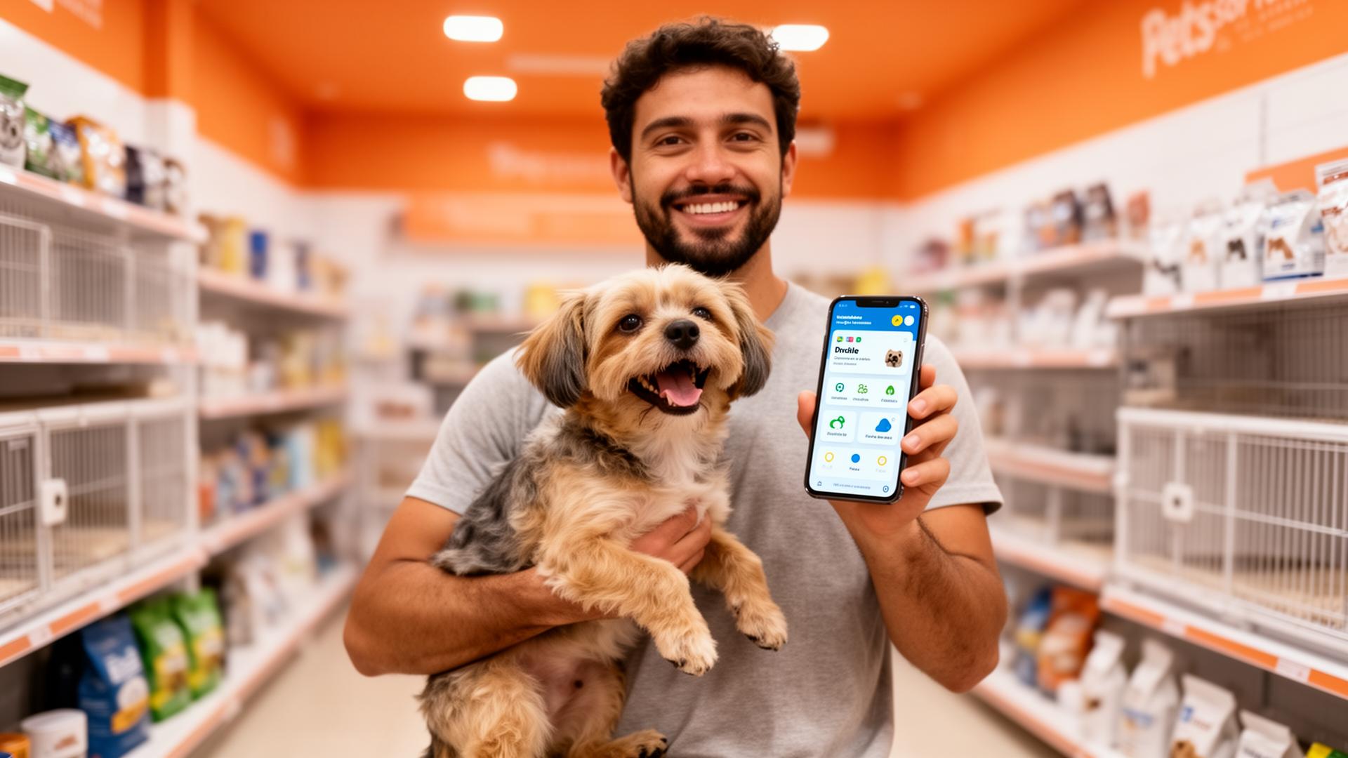 Proprietário de pet shop brasileiro segurando um cão e um smartphone com o aplicativo do pet shop