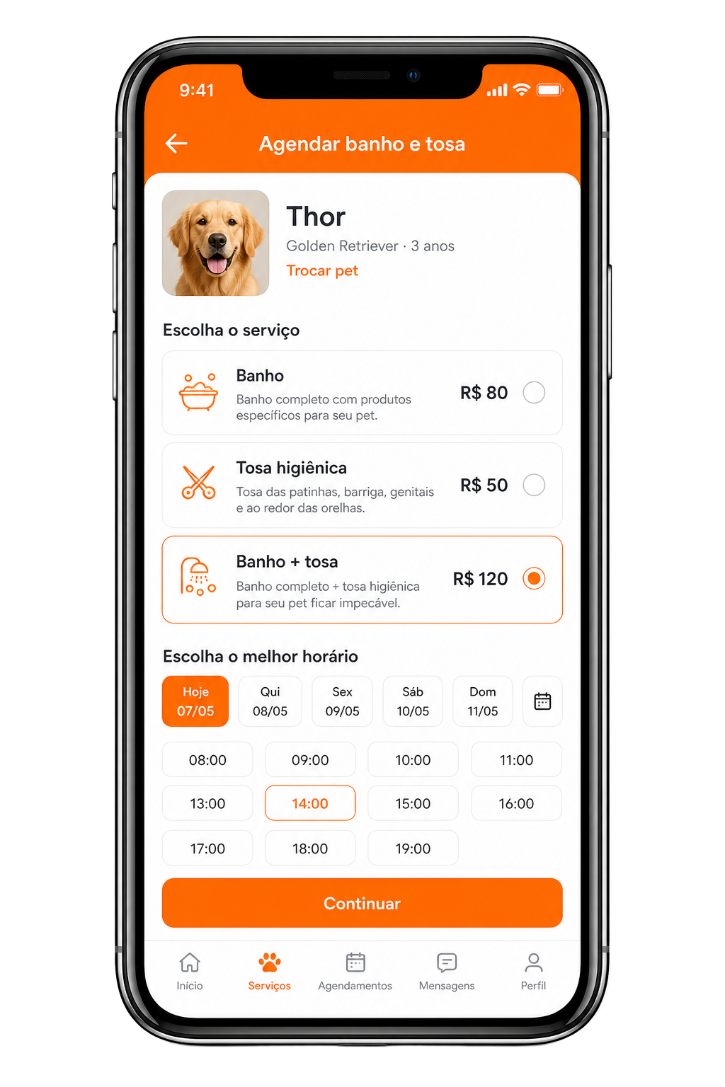 Tela do app: Agenda banho e tosa