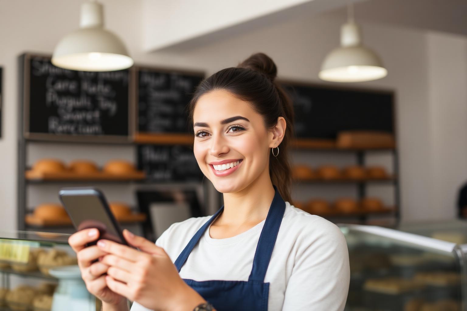 Empreendedora brasileira sorrindo enquanto atende clientes pelo smartphone na sua loja