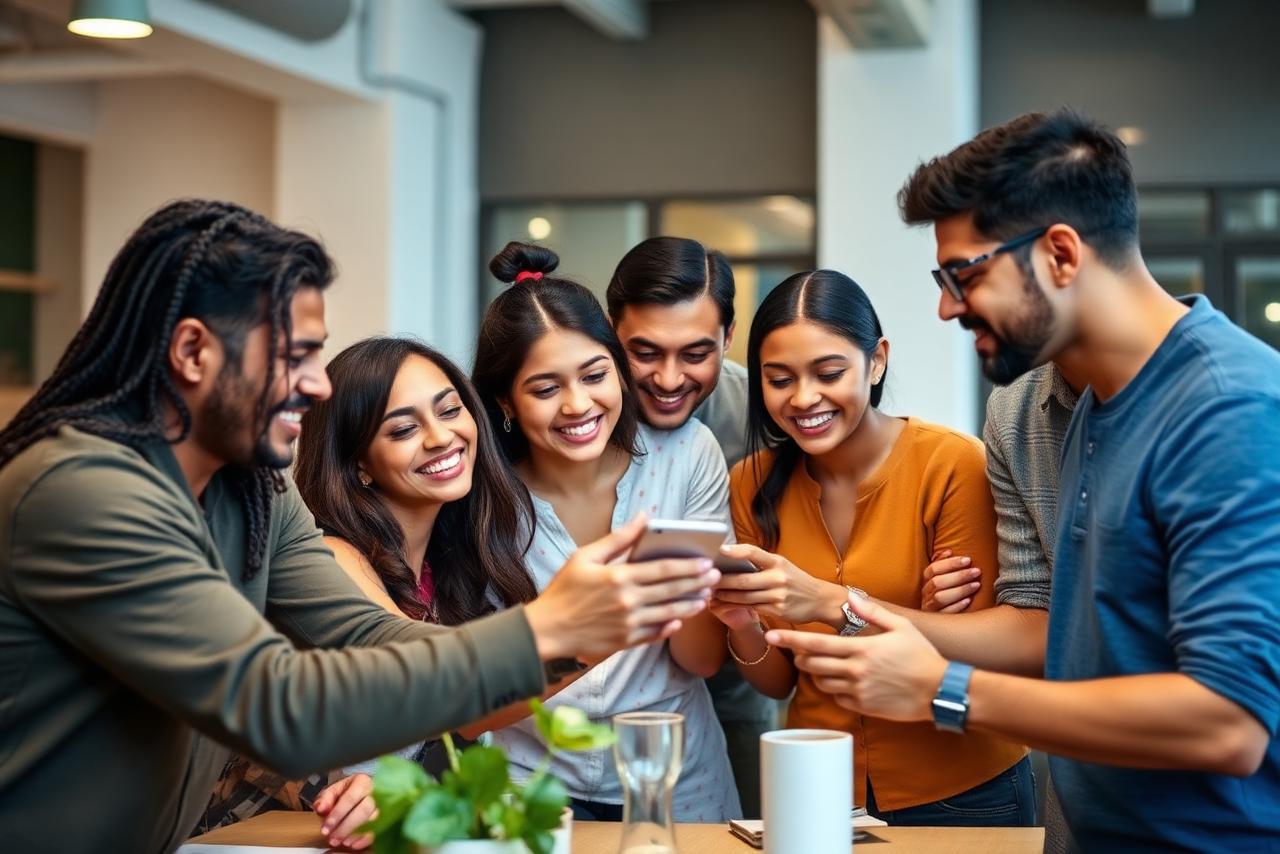 Grupo diverso de empreendedores brasileiros colaborando em torno de um smartphone
